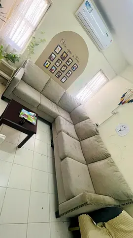 Large L-shaped Beige Fabric Sectional Sofa