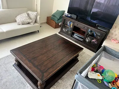 Solid Dark Wood Pottery Barn Coffee Table with Lower Shelf - Good Condition