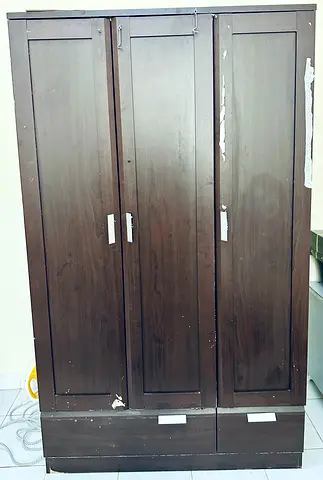 Used 3-Door Wooden Wardrobe with Drawers - Dark Brown