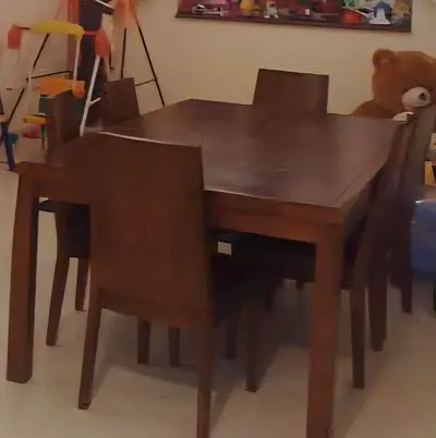 Solid Wood 6-Seater Dining Table with Chairs - Dark Brown