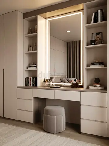 Built-in Vanity Dressing Table with LED Mirror and Shelves