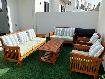 Solid Wood Garden Sofa Set: 3-Seater, 2-Seater, 2 Armchairs, Coffee Table, Seats 7 – Good Condition