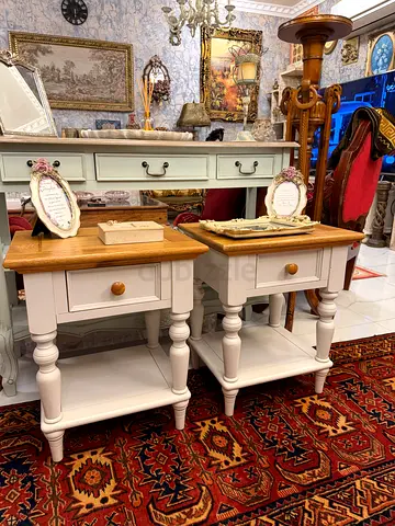 Pair of White Wooden Side Tables with Oak Tops - Classic Design