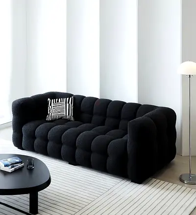 Black Tufted 3-Seater Sofa — Modern Bouclé Lounge