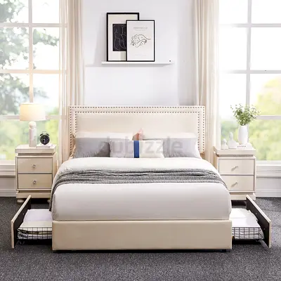 Nailhead headboard 4 drawers king bed