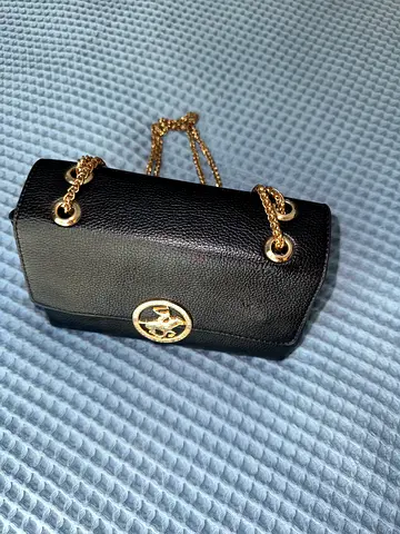 Black Textured leather Handbag with Gold Chain Strap
