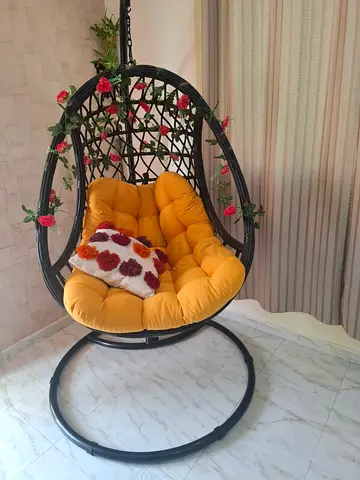 Black Rattan Egg Swing Chair with Yellow Cushion