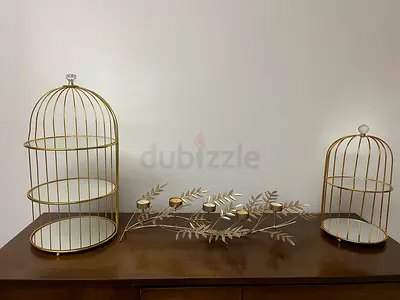Gold Metal Decorative Birdcage Cake Stand and Candle Holder Set