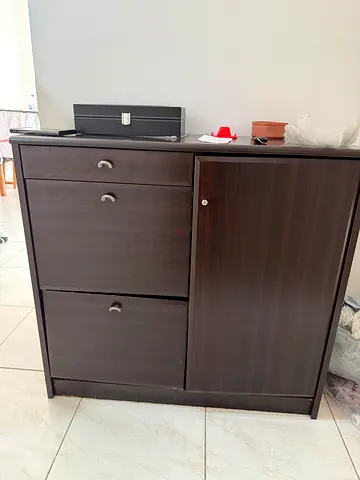 Dark Brown Wooden Hallway Shoe Cabinet with Drawers and Cupboard