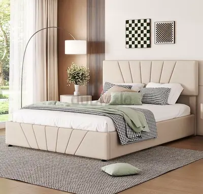 Beige Upholstered Double Bed with Headboard and Storage Base