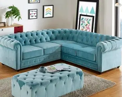 Light Blue Chesterfield L-Shaped Sectional Sofa with Matching Ottoman