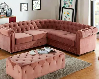 Dusty Pink Chesterfield Style L-Shaped Sectional Sofa with Matching Ottoman