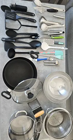 TEFAL AND IKEA Kitchen utensils and cookware set - pans, bowls, colander and tools (used)