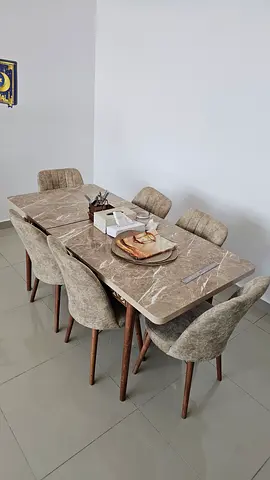 Extendable Marble-effect Dining Table with 6 Upholstered Chairs - Good Condition