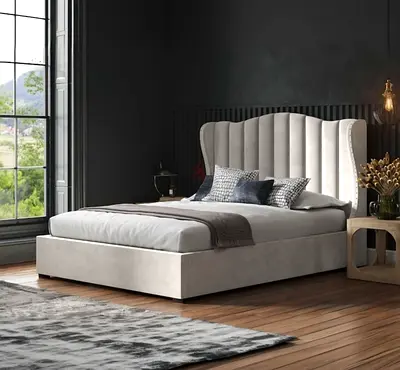 Upholstered King Size Bed with Curved Wingback Headboard - Light Grey