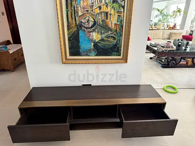 Dark Wood and brass TV Console with 2 Drawers and Open Shelves by Marina home.