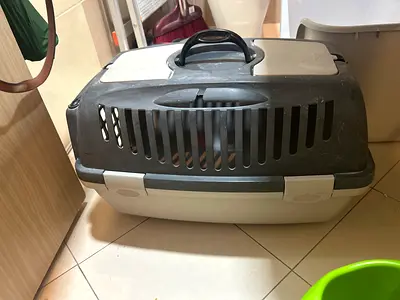 Preowned medium-sized pet carrier with top handle and ventilation good condition