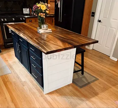Solid Wood Kitchen Island with Live Edge Top and Storage Cabinets