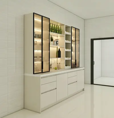 Modern white built-in display cabinet with glass doors and LED lighting