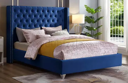 Blue Velvet Tufted Bed Frame with High Wingback Headboard