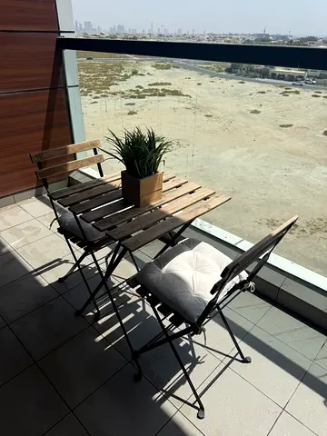 Small Wooden Balcony Table and 2 Folding Chairs Set and Cushions