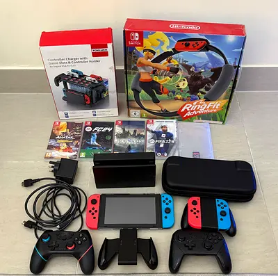 Nintendo Switch console + accessories, controllers, games, Ring Fit Adventure