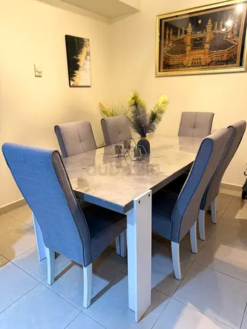 Modern 6 Seater Dining Set with Grey Fabric Chairs