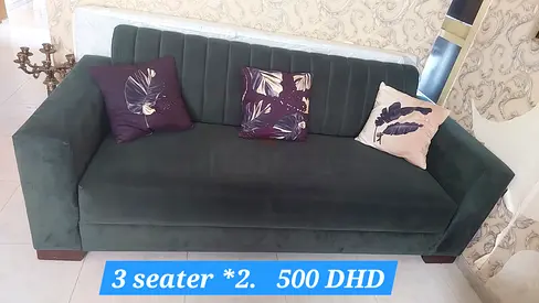 Green Velvet 3-Seater Sofa (2 units) - Good Condition