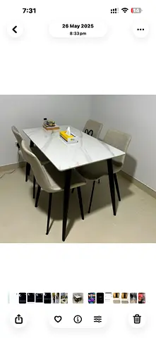 White Marble-Top Dining Table with 4 Beige Chairs - Good Condition