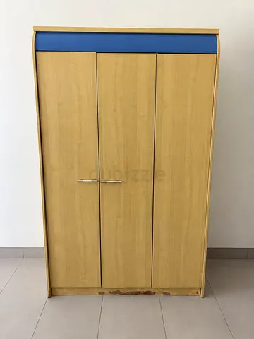 Light Wood 3-Door Wardrobe with Blue Accent - Good Condition