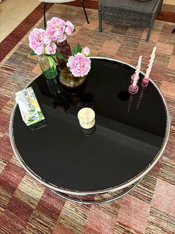 Round Black Glass Coffee Table with Chrome Frame - Good Condition