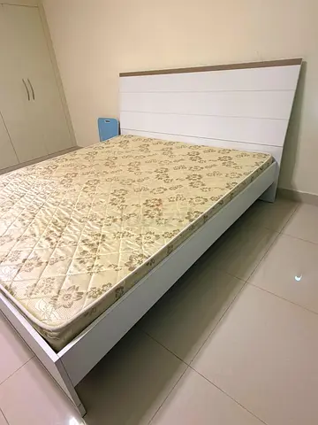 White Wooden King Size Double Bed with Mattress - Good Condition