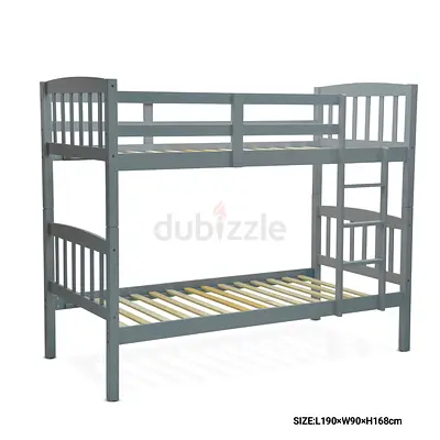 Solid Wood Grey Bunk Bed - Twin over Twin, Sturdy Frame (L190 x W90 x H168cm)