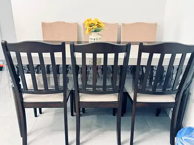 Wooden 6-Seater Dining Table with Cushioned Chairs - Dark Finish