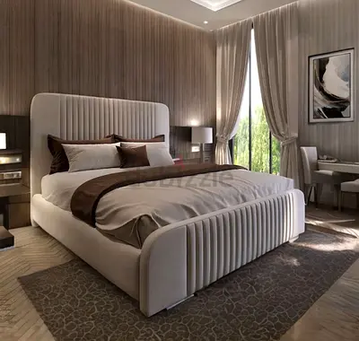 Modern upholstered king bed with padded headboard and footboard - light beige