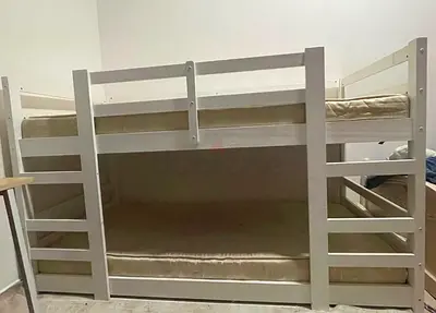 White Wooden Bunk Bed with Two Mattresses - Good Condition