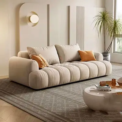 Modern Low-Profile 3-Seater Beige Sofa — Boucle