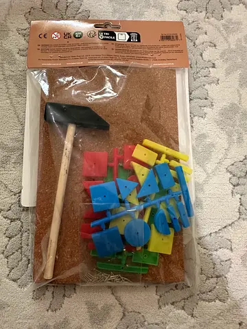 Wooden hammer and cork board mosaic toy set with colorful shapes — new