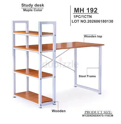 Maple Color Study Desk with Integrated Shelves, Steel Frame (W120 x D60 x H75-110cm)