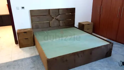 King size bed frame with two bedside tables - brown velvet