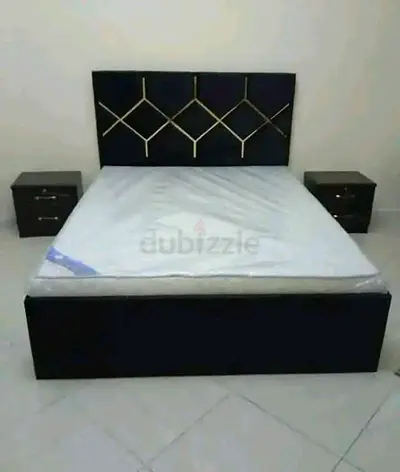 Double bed frame with mattress and two bedside tables - new
