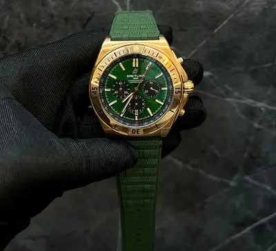 Breitling Chronograph with Green Dial and Green Rubber Strap - Gold Tone Case