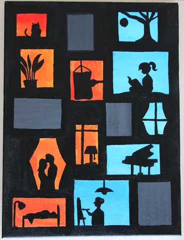 Handmade silhouette acrylic painting of daily life scenes