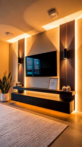 Smart LED Flat Panel TV mounted with floating media console