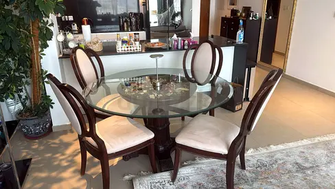 Glass Top Round Dining Table with 4 Wooden Chairs - Excellent Condition