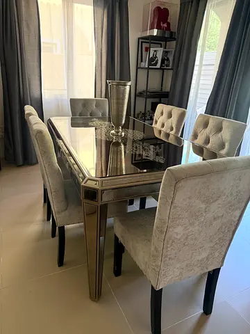 Modern Mirrored Dining Table with Velvet Tufted Chairs