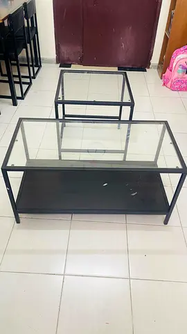 Set of 2 Black Metal and Glass Coffee / Side Tables