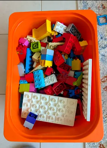 Box of mixed LEGO Duplo building blocks — used, good condition