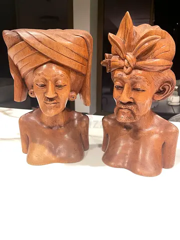Vintage wood statue , Malaysian Hand Carved Busts Man  Woman Pair Hardwood Vintage  Art Sculpture