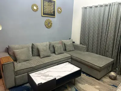Grey L-shaped Fabric Sofa cum bed with storage Chaise — Good Condition